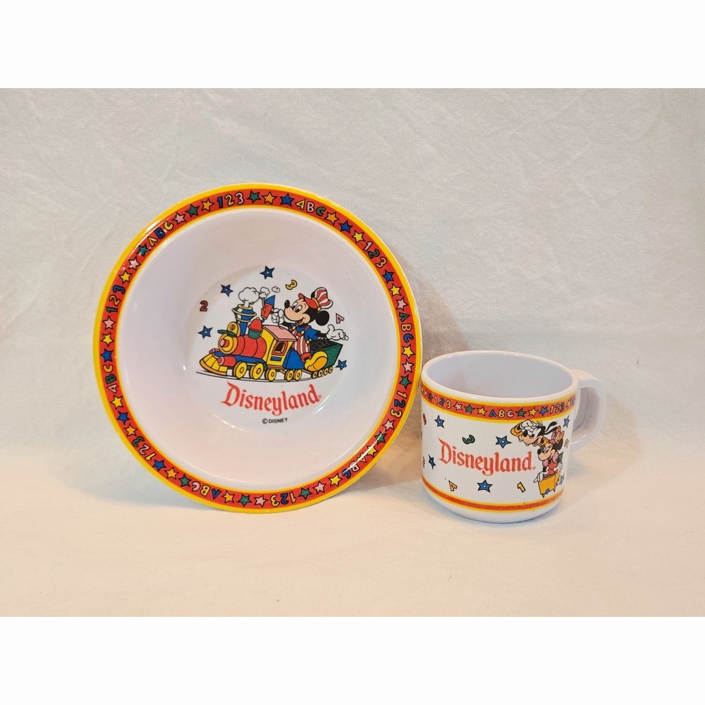 Vintage Disneyland Mickey Mouse Train Mug & Bowl Set Kids Childrens Mealtime Fun